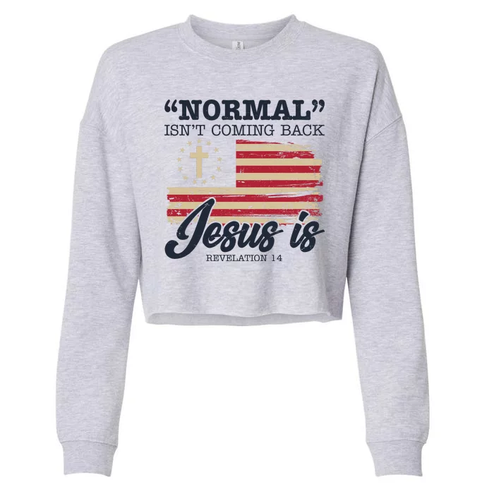 Normal Isn't Coming Back Jesus Is Distressed USA Flag Cropped Pullover Crew