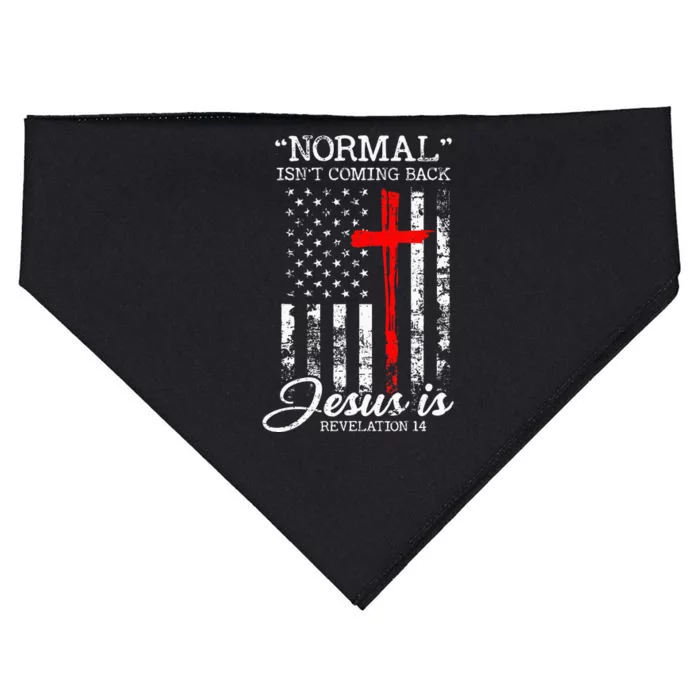 Normal Isnt Coming Back But Jesus Is Revelation 14 USA Flag USA-Made Doggie Bandana