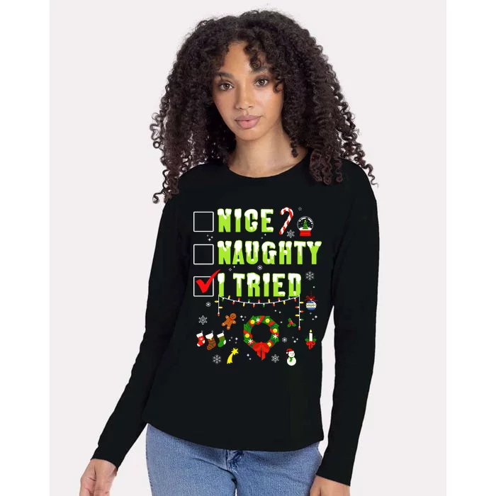 Nice Naughty I Tried Funny Christmas Checklist Womens Cotton Relaxed Long Sleeve T-Shirt