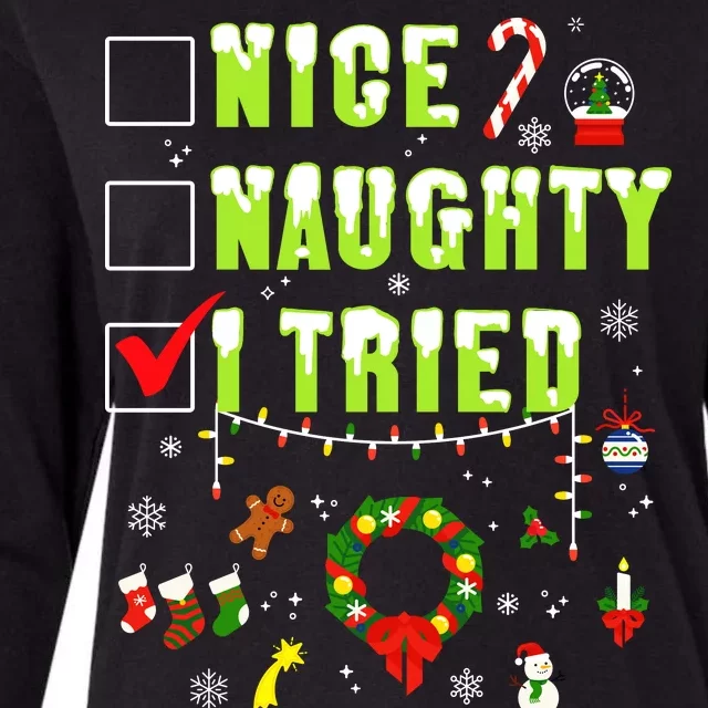 Nice Naughty I Tried Funny Christmas Checklist Womens Cotton Relaxed Long Sleeve T-Shirt