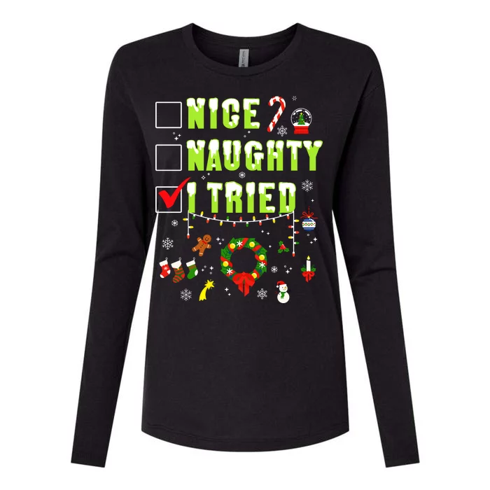 Nice Naughty I Tried Funny Christmas Checklist Womens Cotton Relaxed Long Sleeve T-Shirt