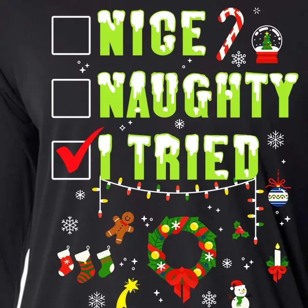 Nice Naughty I Tried Funny Christmas Checklist Cooling Performance Long Sleeve Crew