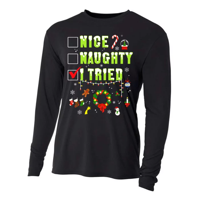 Nice Naughty I Tried Funny Christmas Checklist Cooling Performance Long Sleeve Crew