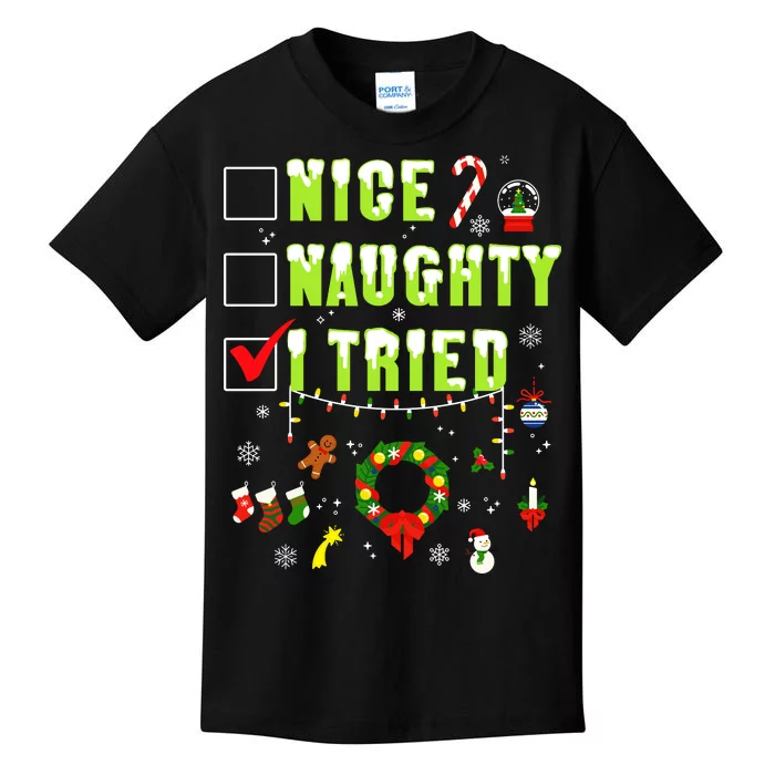 Nice Naughty I Tried Funny Christmas Checklist Kids T-Shirt