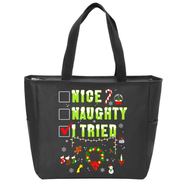 Nice Naughty I Tried Funny Christmas Checklist Zip Tote Bag