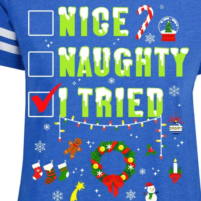 Nice Naughty I Tried Funny Christmas Checklist Enza Ladies Jersey Football T-Shirt