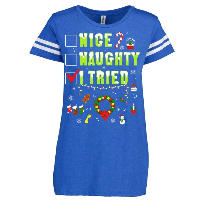 Nice Naughty I Tried Funny Christmas Checklist Enza Ladies Jersey Football T-Shirt