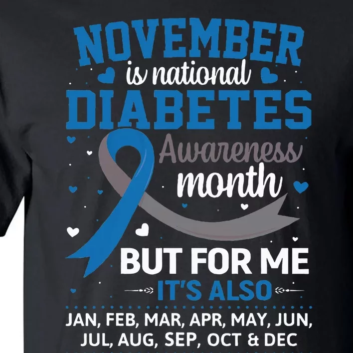 November Is Diabetes Awareness Month Blue And Gray Ribbon Tall T-Shirt