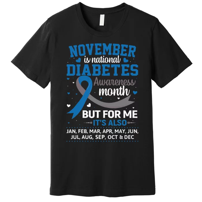 November Is Diabetes Awareness Month Blue And Gray Ribbon Premium T-Shirt