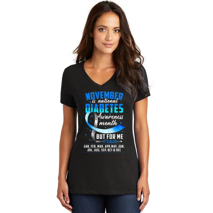 November Is Diabetes Awareness Month Blue And Gray Ribbon Women's V-Neck T-Shirt