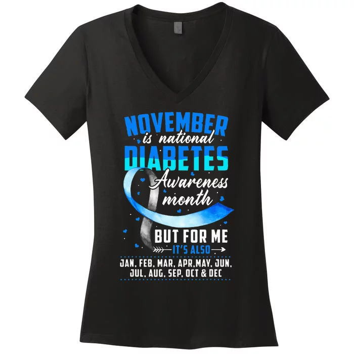 November Is Diabetes Awareness Month Blue And Gray Ribbon Women's V-Neck T-Shirt