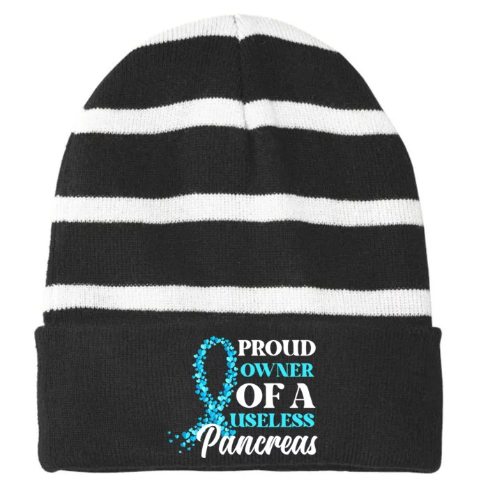 November Is Diabetes Awareness Month Blue And Gray Ribbon Striped Beanie with Solid Band