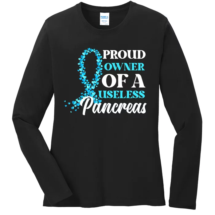 November Is Diabetes Awareness Month Blue And Gray Ribbon Ladies Long Sleeve Shirt