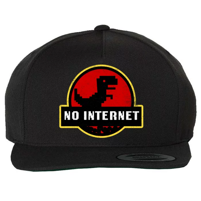 No Internet Dinosaur Park Logo Parody Distressed Wool Snapback Cap