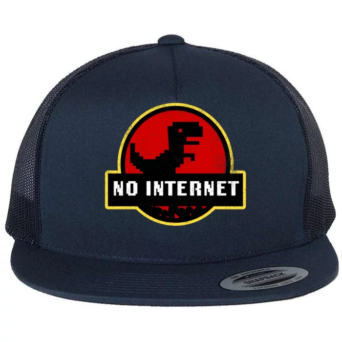 No Internet Dinosaur Park Logo Parody Distressed Flat Bill Trucker Hat