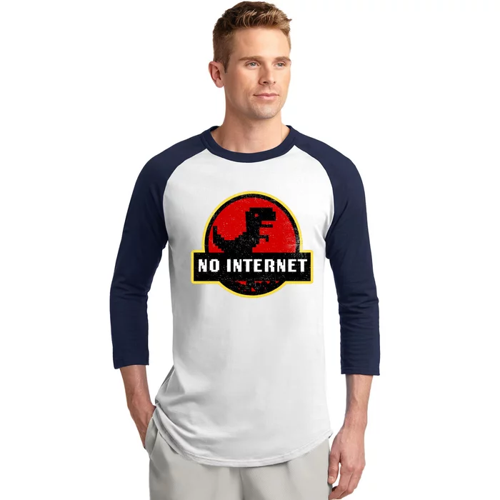 No Internet Dinosaur Park Logo Parody Distressed Baseball Sleeve Shirt