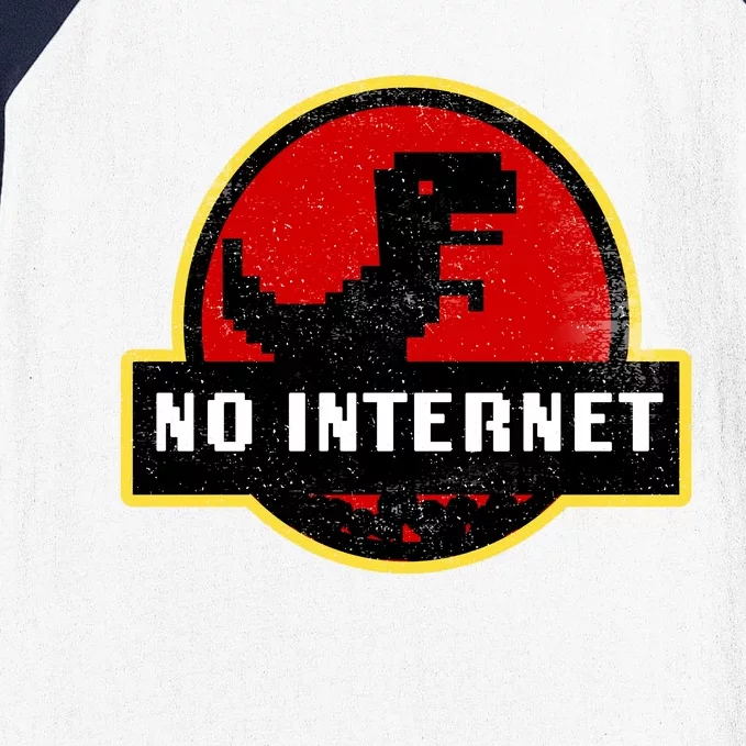 No Internet Dinosaur Park Logo Parody Distressed Baseball Sleeve Shirt