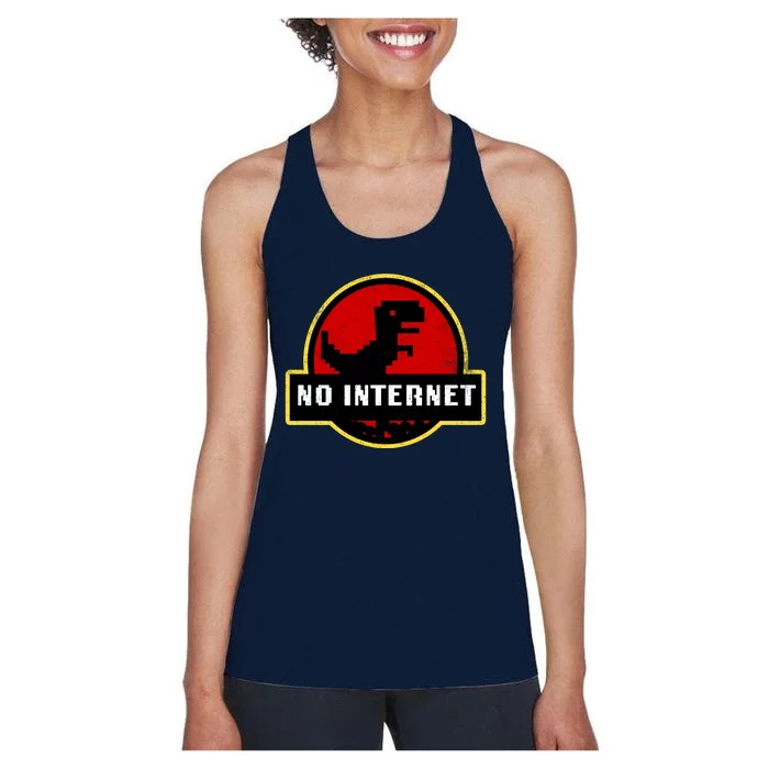 No Internet Dinosaur Park Logo Parody Distressed Women's Racerback Tank