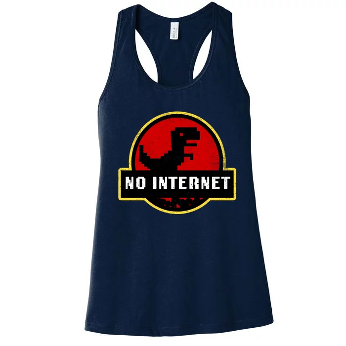 No Internet Dinosaur Park Logo Parody Distressed Women's Racerback Tank