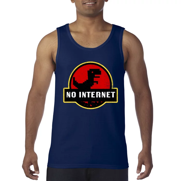 No Internet Dinosaur Park Logo Parody Distressed Tank Top