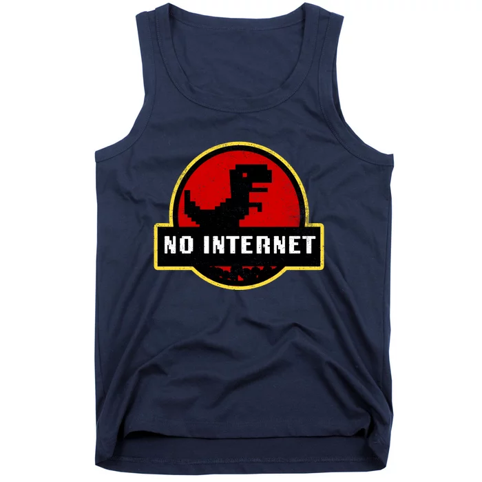 No Internet Dinosaur Park Logo Parody Distressed Tank Top