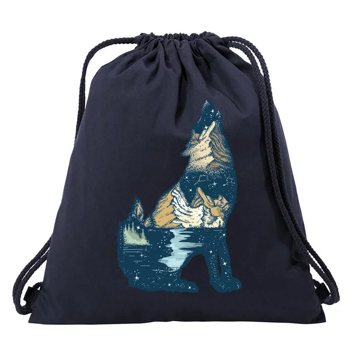 Night Wolf Wilderness Drawstring Bag