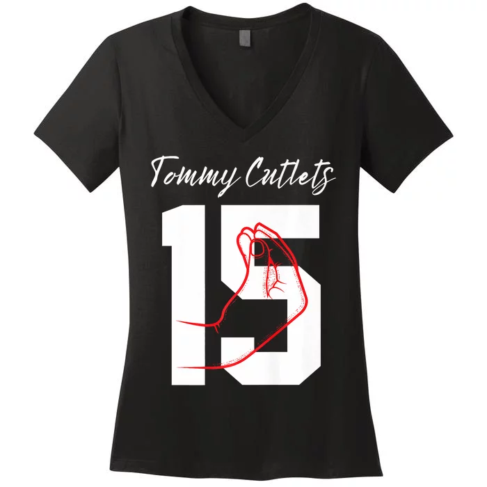 Ny Italian Hand Gesture Tommy_ Cutlets Football Quarterback Trendy Women's V-Neck T-Shirt