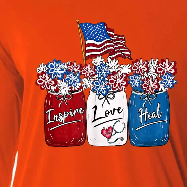 Nurse Inspire Love Heal American Flag Nurse Life 4th Of July Gift Cooling Performance Long Sleeve Crew