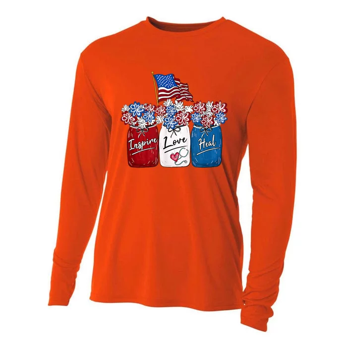 Nurse Inspire Love Heal American Flag Nurse Life 4th Of July Gift Cooling Performance Long Sleeve Crew