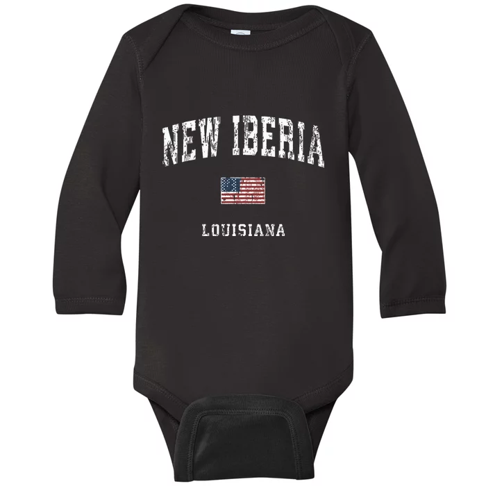 New Iberia Louisiana La Vintage American Flag Sports Design Baby Long Sleeve Bodysuit