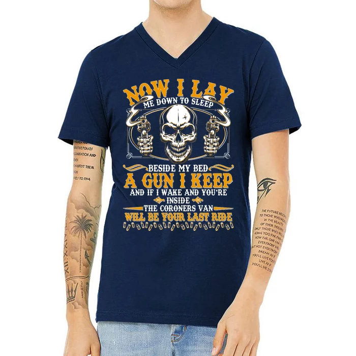 Now I Lay Me Down To Sleep Gun Skull V-Neck T-Shirt