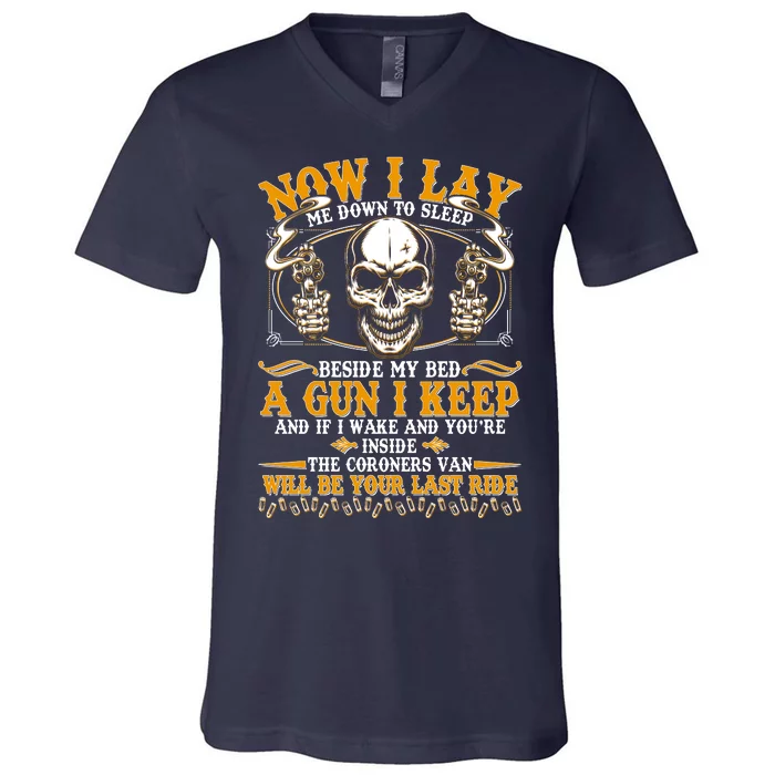 Now I Lay Me Down To Sleep Gun Skull V-Neck T-Shirt