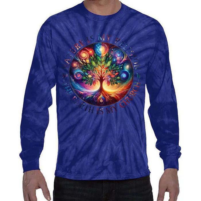 Nature Is My Religion The Earth Is My Church Mandala Tree Tie-Dye Long Sleeve Shirt