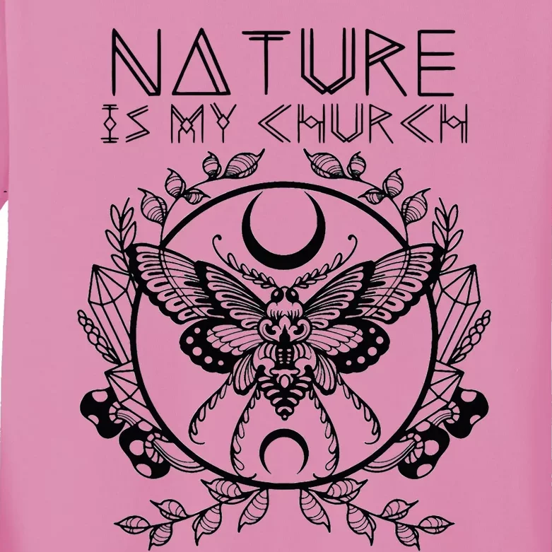 Nature Is My Church Moon Moth Witchcraft Wiccan Witch Kids Long Sleeve Shirt