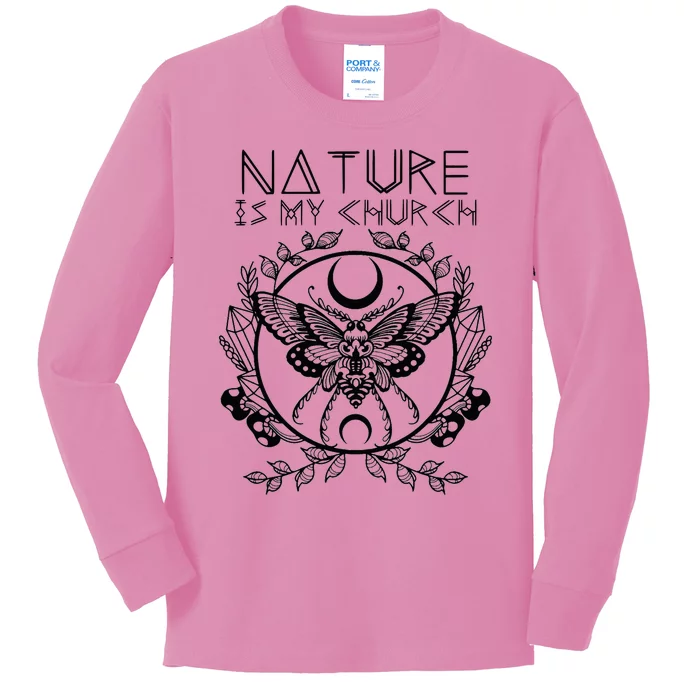 Nature Is My Church Moon Moth Witchcraft Wiccan Witch Kids Long Sleeve Shirt