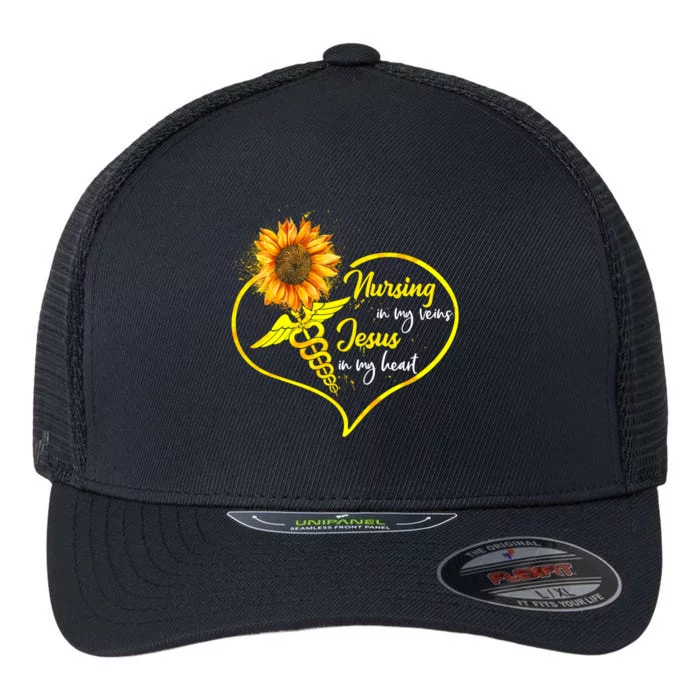 Nursing In My Veins Jesus In My Heart Christian Nurse Gift Flexfit Unipanel Trucker Cap