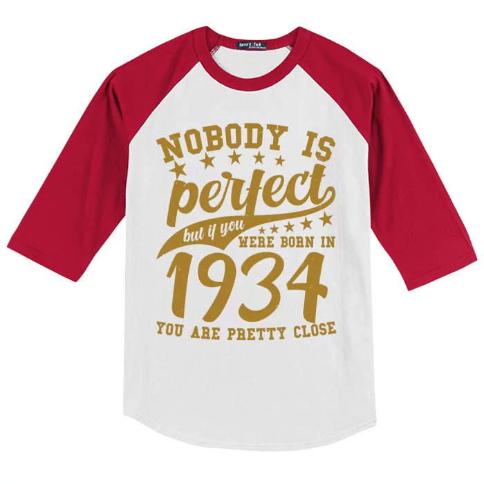 Nobody Is Perfect Born In 1934 90th Birthday Kids Colorblock Raglan Jersey