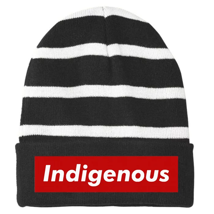 Native Indigenous Red Block Background With White Letters Striped Beanie with Solid Band