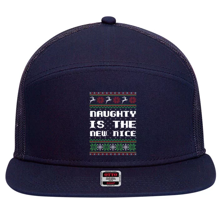 Naughty Is The New Nice Ugly Christmas Sweater Reindeer Cute Gift 7 Panel Mesh Trucker Snapback Hat