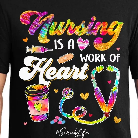 Nursing Is Work Of Heart Scrub Tie Dye Stethoscope Nurse Pajama Set