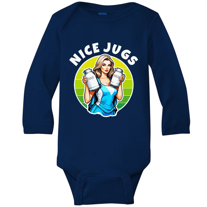 Nice Jugs. Cheerleader Milkmaid. Pitcher Holding Fun Baby Long Sleeve Bodysuit