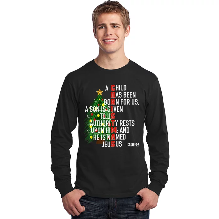 Nativity Jesus Christian Bible Verse Christmas Tree Lights Long Sleeve Shirt