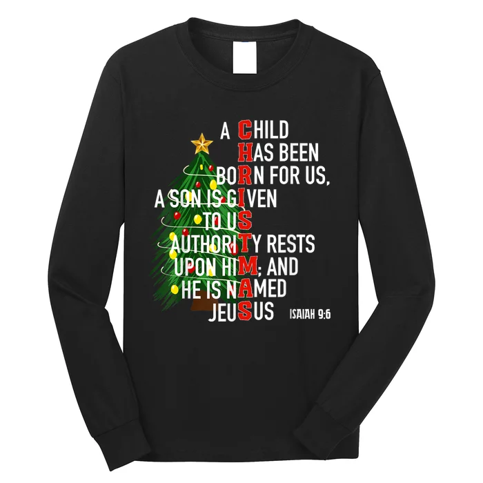 Nativity Jesus Christian Bible Verse Christmas Tree Lights Long Sleeve Shirt