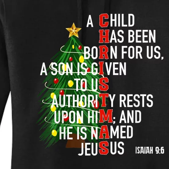 Nativity Jesus Christian Bible Verse Christmas Tree Lights Women's Pullover Hoodie