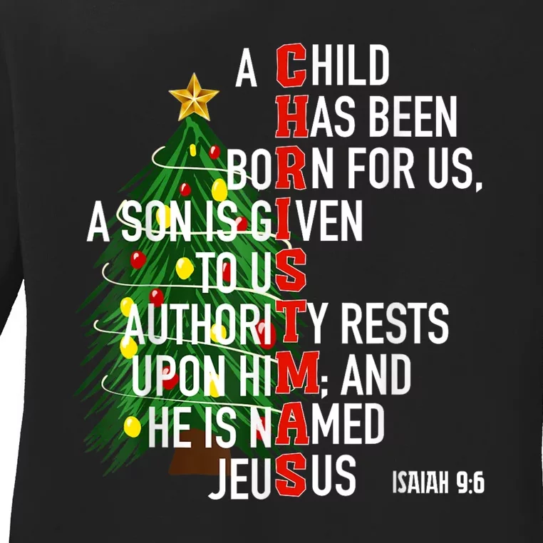 Nativity Jesus Christian Bible Verse Christmas Tree Lights Ladies Long Sleeve Shirt