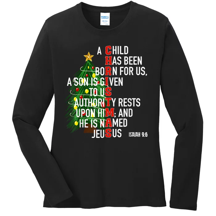 Nativity Jesus Christian Bible Verse Christmas Tree Lights Ladies Long Sleeve Shirt