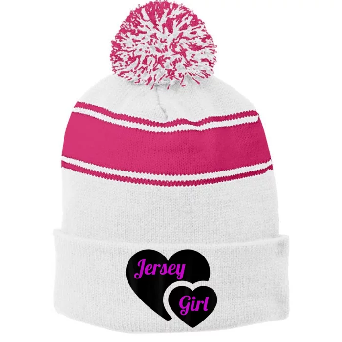 New Jersey Girl Heart The Garden State Vintage Stripe Pom Pom Beanie