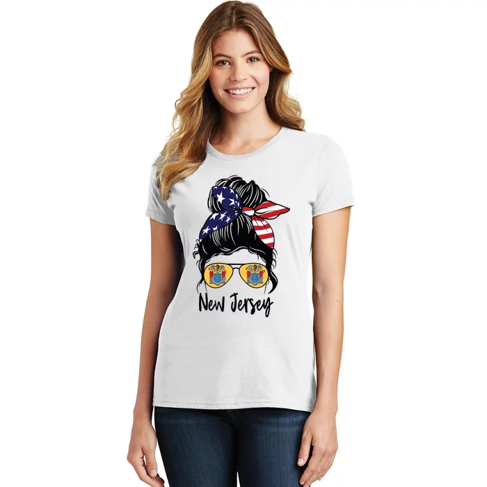 New Jersey Girl New Jersey Flag State Girlfriend Messy Bun Women's T-Shirt