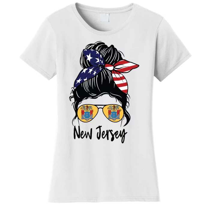 New Jersey Girl New Jersey Flag State Girlfriend Messy Bun Women's T-Shirt