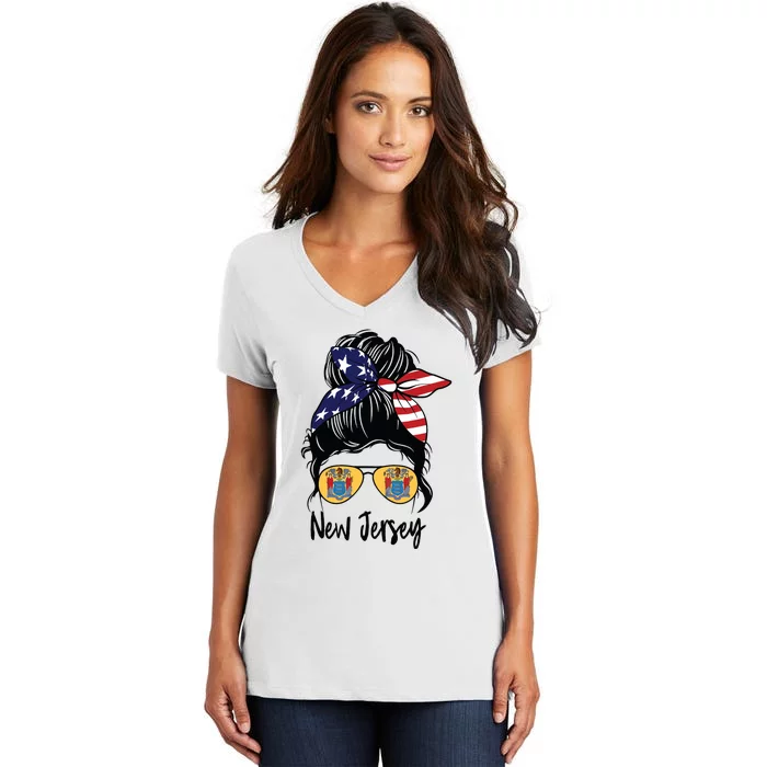 New Jersey Girl New Jersey Flag State Girlfriend Messy Bun Women's V-Neck T-Shirt